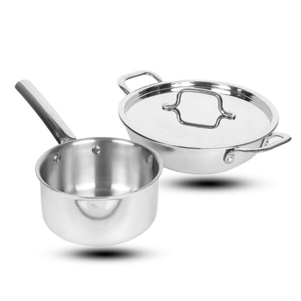 Kingston Duralife Series Stainless Steel Triply 2pcs Cookware Set (1pc Kadhai with Steel Lid - 26cm + 1pc Sauce Pan - 20cm)