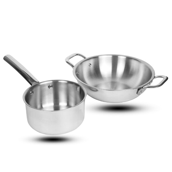 Kingston Duralife Series Stainless Steel Triply 2pcs Cookware Set (1pc Kadhai with Steel Lid - 26cm + 1pc Sauce Pan - 20cm) - Image 2