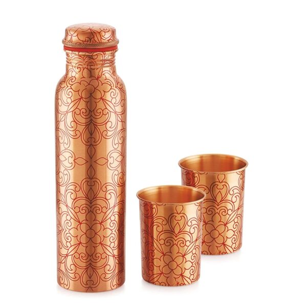 Cello Cop-Pura Divine Gift Set Floral Copper Water Bottle With 2 Copper Glass Combo Set - Image 3