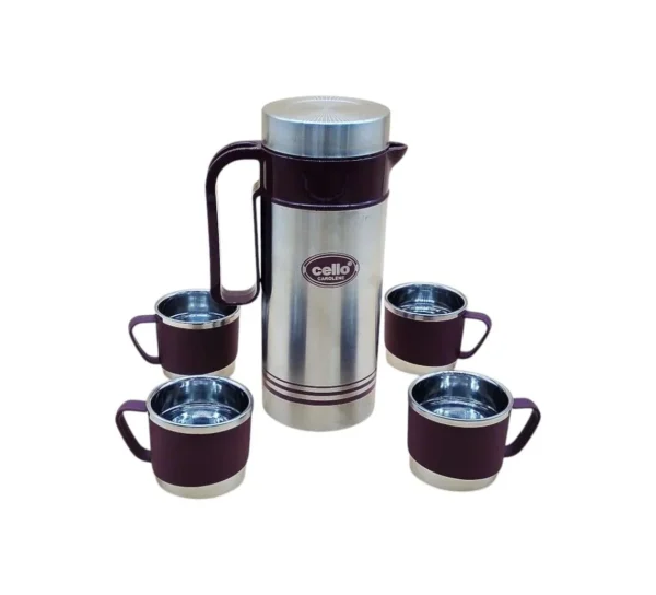 Cello Carolene 5 Pieces Tea Set ((1 Piece Steel Jug, 4 Pieces Tea/Coffee Mugs) | Stainless Steel Vacuum Insulated Tea Flask | Hot Or Cold