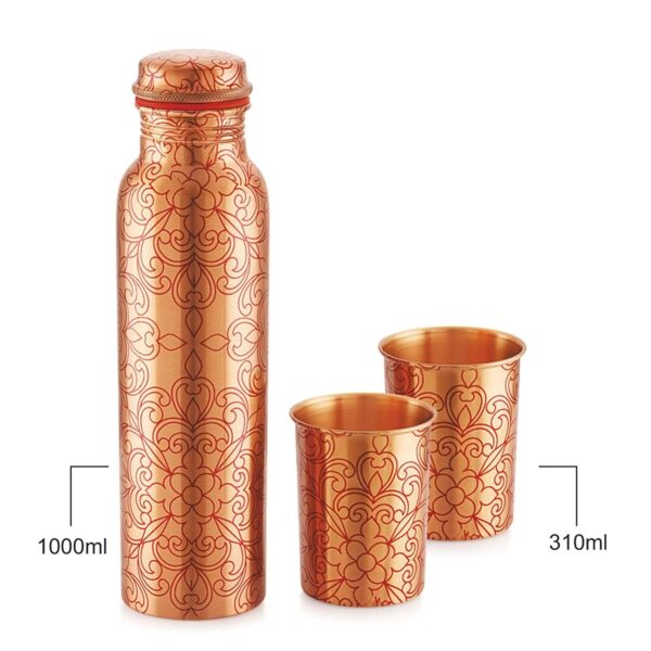 Cello Cop-Pura Divine Gift Set Floral Copper Water Bottle With 2 Copper Glass Combo Set - Image 2
