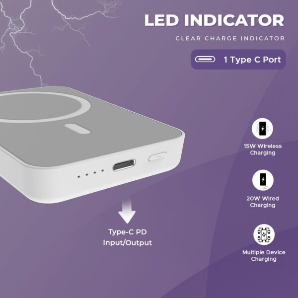 LAPCARE Trust-I Wireless Power Bank, 10000mAh	with Type-C Fast Charging | LED Indicator | White - Image 4