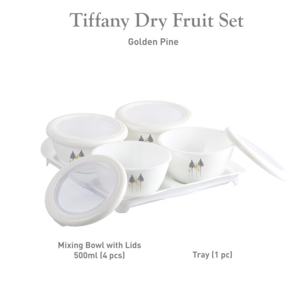 CELLO Opalware Imperial Tiffany Golden Pine 9 Piece Dry Fruit Container Set With Lid | Serving Tray | White - Image 5