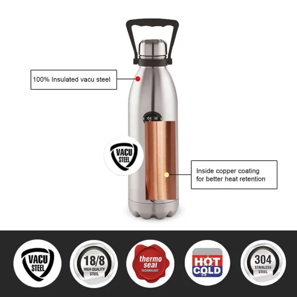 Cello Swift Thermosteel Vacuum Insulated Water Bottle 1500ml, Silver | 24 Hours Hot & Cold | Rust & Leak Proof | Stainless Steel Bottle With Handle - Image 5