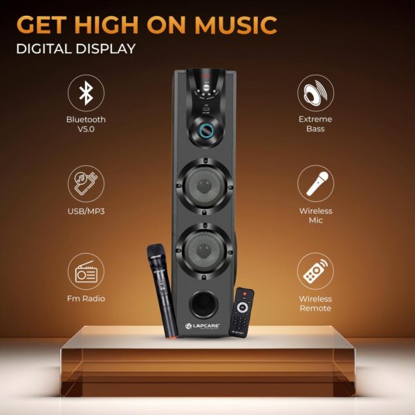 LAPCARE Dhamaka 50W Bluetooth Tower Speakers with Led Digital Display (LTS-603) Extreme Bass | Bt V5.0 |in-Built Fm | USB, Mp3 | Wireless Remote & Wireless Mic (Lts-603) - Black - Image 5