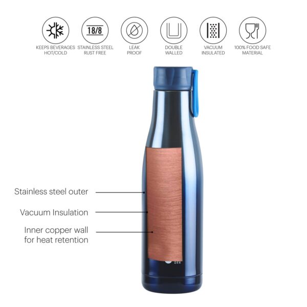 Cello Dazzle Insulated Flask | Hot and Cold Stainless Steel Water Bottle | Double Walled Carry Flask for Travel, Home, Office, School | 800ml | Blue | Inner Copper - Image 2