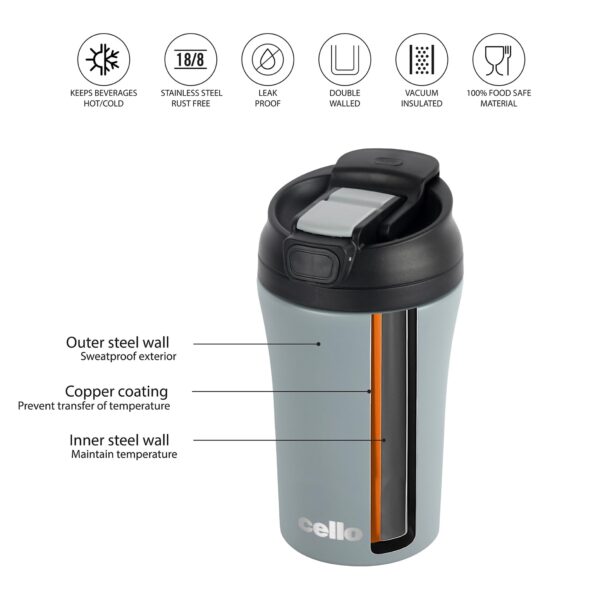 Cello Duro Tuff Stainless Steel Vacuum Insulated Coffee Mate Travel Flask 550ml | Coffee Mug | Hot Or Cold | Leak Proof | Inner Copper Coating - Image 3