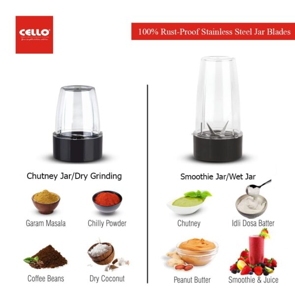 CELLO BlendMix (AC) Electric Nutri Mixer, Blender & Grinder With 2 Jars (Black) - Image 4