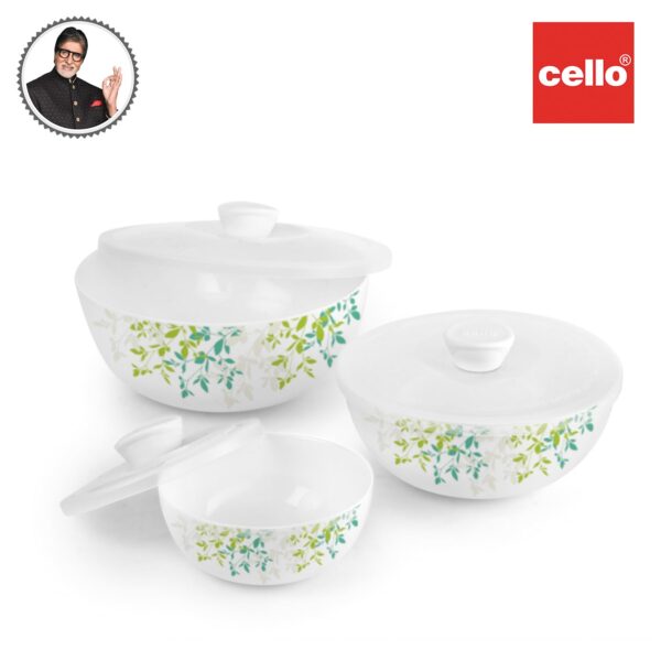 Cello Opalware Royale 3 Pieces Mixing Bowl Set with Lid | White | 500ml, 1000ml, 1500ml