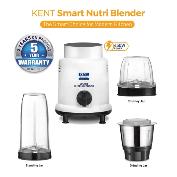 Kent Smart 3 Jar Nutri Blender Machine 450W (16067)	| Electric Juicer Mixer Grinder | White - Image 2