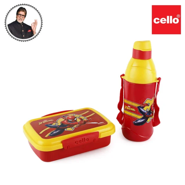 Cello Plastic Joy Lunch Box 650ml & Water Bottle Spiderman 400ml Combo Set (Red) - 2 Pieces | Kids Tiffin Box