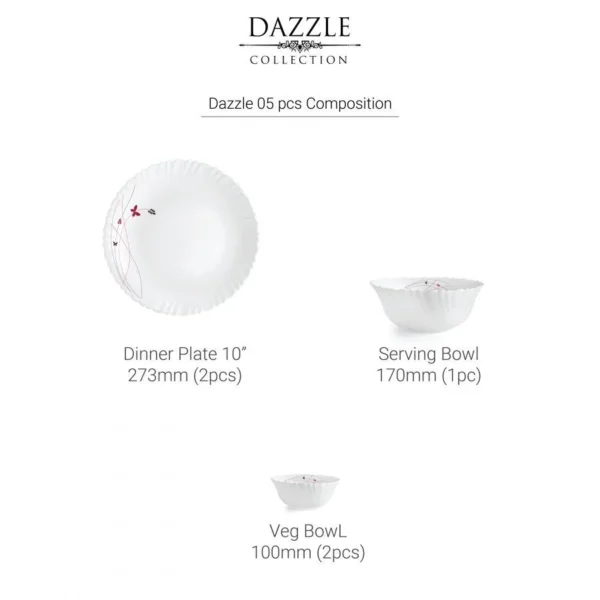 Cello Lush Fiesta Dazzle Series Opalware Dinner Set, 5 Pieces, White | Microwave Safe - Image 3