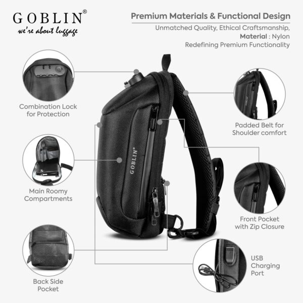 Goblin Tigris Chest Bag | Crossbody Bag For Men and Women | Unisex Shoulder Bag | Travel Bag | Adjustable Shoulder Strap For Boy | Daypack | USB Port and Anti-Theft Number Lock - Image 3
