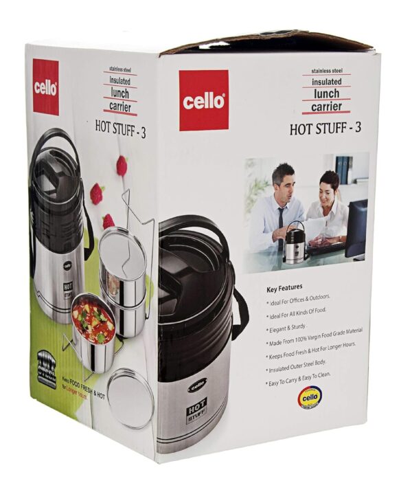 Cello Hot Stuff 3 Stainless Steel Containers Insulated Lunch Box | Leak Proof Tiffin Box | Silver - Image 6