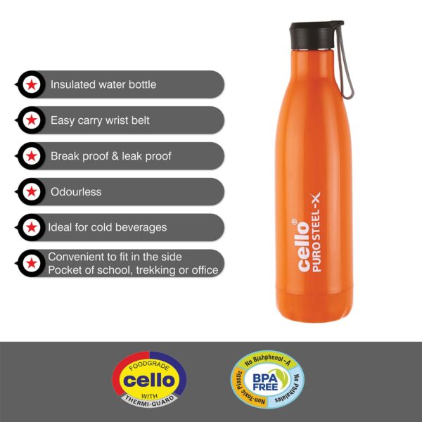 CELLO Puro Steel-X Rover 600ml Water Bottle with Inner Steel and Outer Plastic | Leak Proof Insulated Water Bottle - Image 4