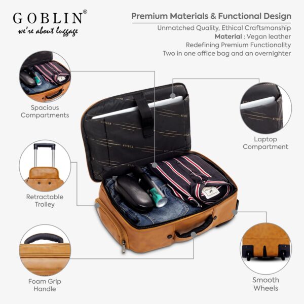Goblin Arcade Hybrid Plus 24.30 Liter Travel Cum Office Bag with 16 Inch Laptop Compartment, Trolley Duffle Bag, Messenger Bag | Trolley Office Bag With Shoulder Bag For Men and Women | Smooth Wheels, Vegan Leather - 1 Year Warranty (Tang) - Image 2
