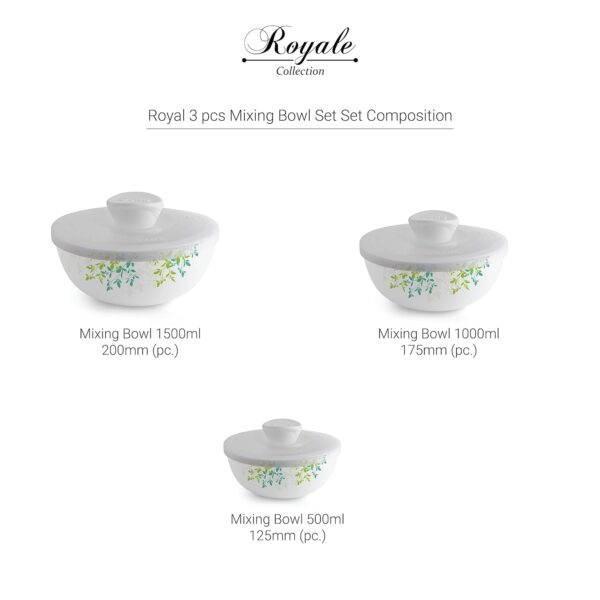 Cello Opalware Royale 3 Pieces Mixing Bowl Set with Lid | White | 500ml, 1000ml, 1500ml - Image 3