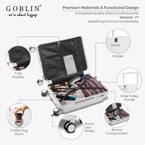 Goblin Steller Cabin Size Trolley Bag for Travel | Hard Sided Luggage Bag For Men Women | TSA Lock, Coffee Mug Stand, Hanger and Silent Wheels | Unisex Travel Bag | PP Material, Scratch Resistant - White - Image 6