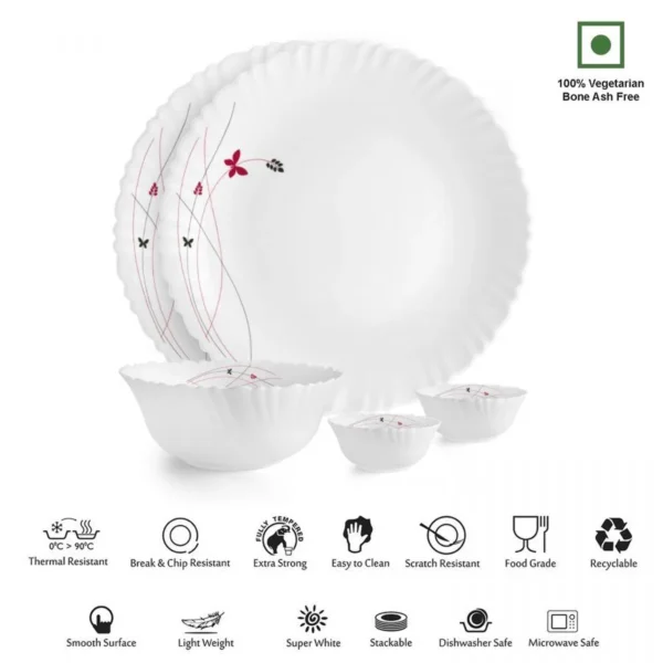 Cello Lush Fiesta Dazzle Series Opalware Dinner Set, 5 Pieces, White | Microwave Safe - Image 2