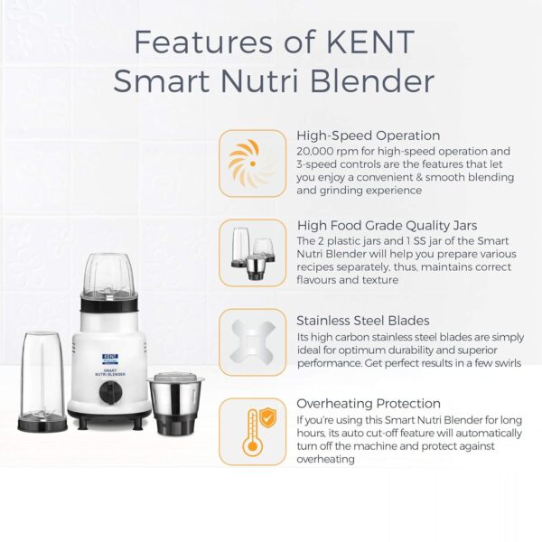 Kent Smart 3 Jar Nutri Blender Machine 450W (16067)	| Electric Juicer Mixer Grinder | White - Image 5
