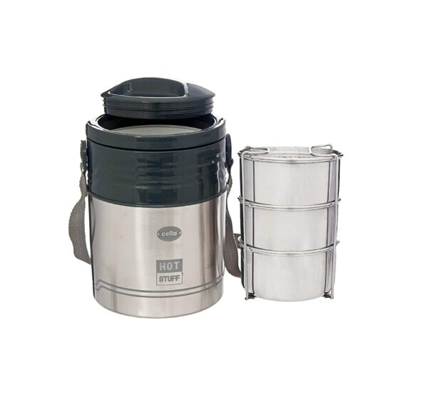 Cello Hot Stuff 3 Stainless Steel Containers Insulated Lunch Box | Leak Proof Tiffin Box | Silver