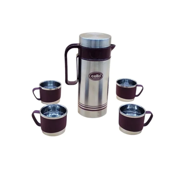 Cello Carolene 5 Pieces Tea Set ((1 Piece Steel Jug, 4 Pieces Tea/Coffee Mugs) | Stainless Steel Vacuum Insulated Tea Flask | Hot Or Cold - Image 3