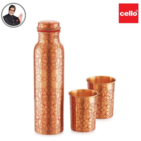 Cello Cop-Pura Divine Gift Set Floral Copper Water Bottle With 2 Copper Glass Combo Set
