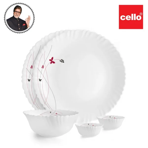 Cello Lush Fiesta Dazzle Series Opalware Dinner Set, 5 Pieces, White | Microwave Safe