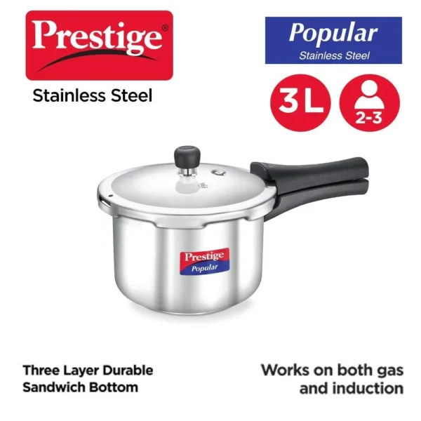 Prestige Popular Stainless Steel Outer Lid Pressure Cooker, 3 Litre | Induction Base | Silver - Image 2
