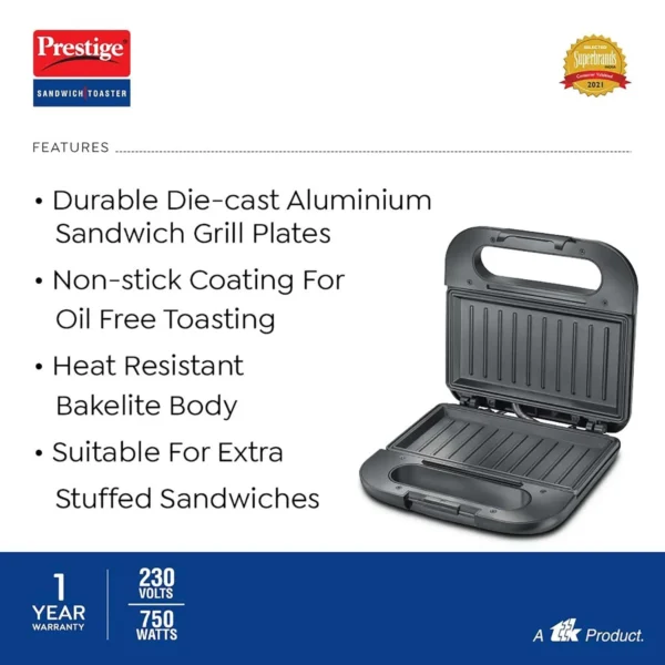 Prestige PGDP 03-SS 750 W Sandwich Toaster with Fixed & Deep Sandwich Grill Plates(Black, Non-Stick Coated) - Image 4