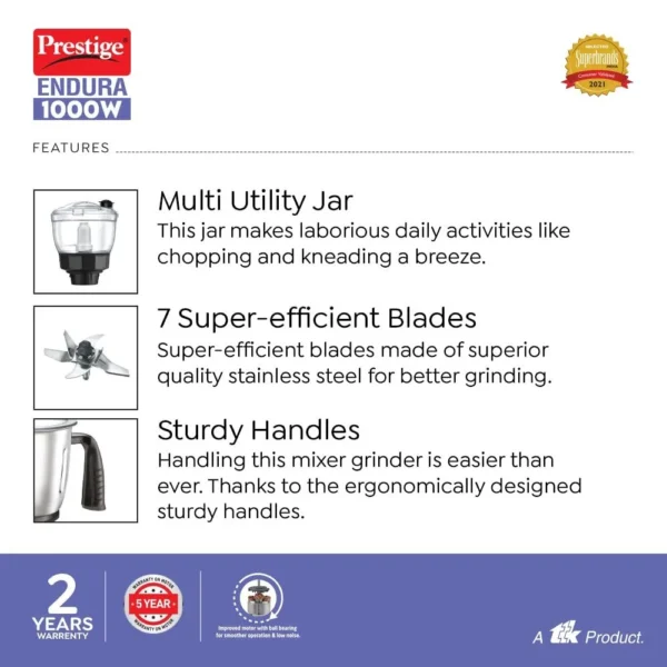 Prestige Endura 1000W Electric Mixer Grinder With Juicer Jar | 6 Jars - Image 4