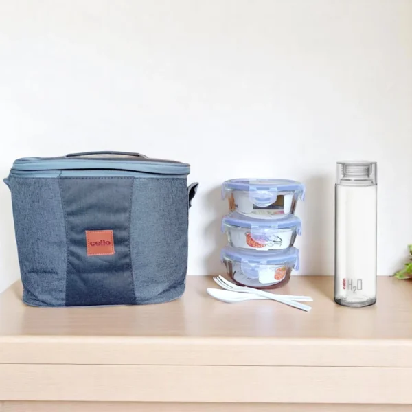 Cello Fit & Fresh Majesty 3 Glass Round Container Lunch Box 400ml With Glass Water Bottle 500ml