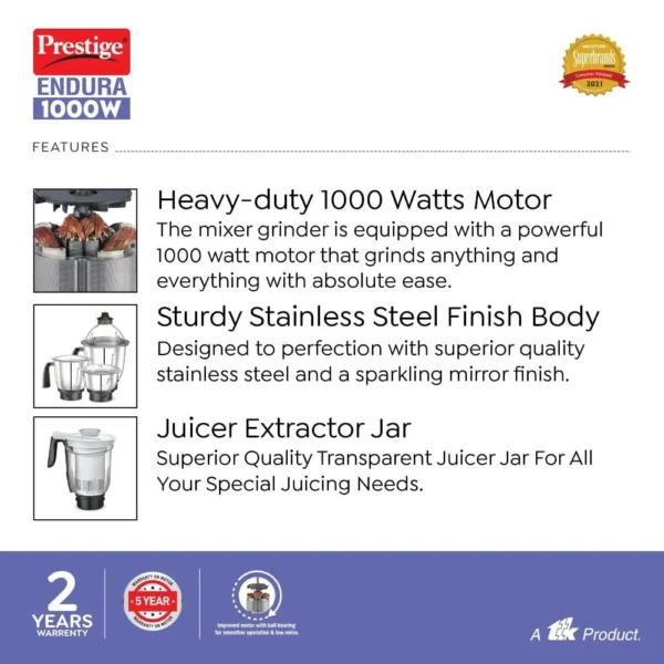 Prestige Endura 1000W Electric Mixer Grinder With Juicer Jar | 6 Jars - Image 3
