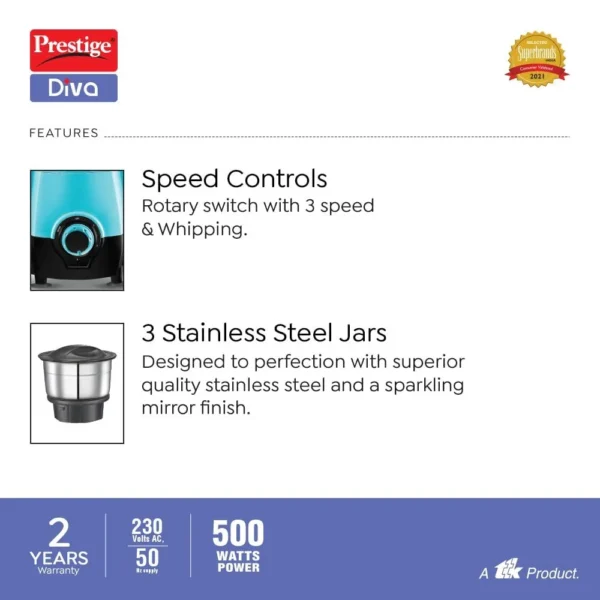 Prestige Diva 3 Stainless Steel Jar Electric Mixer Grinder 500W - Image 2