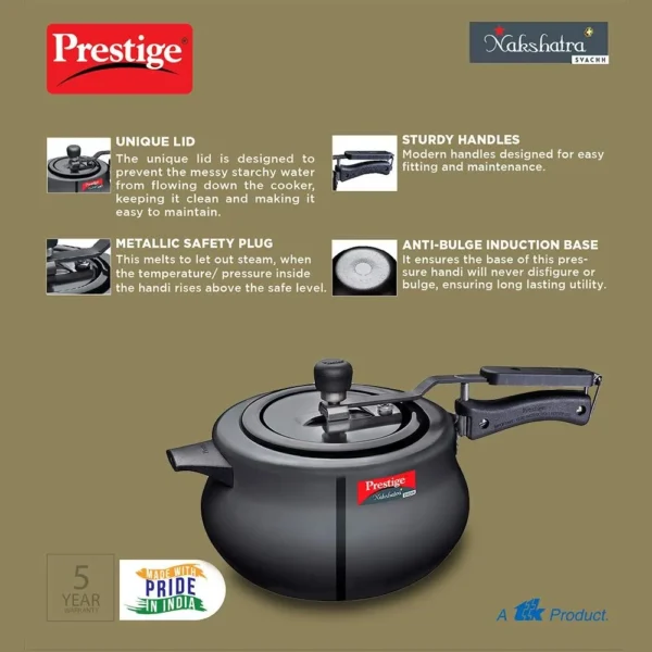 Prestige Svachh Nakshatra Plus Hard Anodised Inner Lid Pressure Handi Cooker - 5 Litre | Black - Image 3