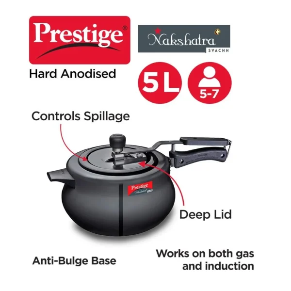 Prestige Svachh Nakshatra Plus Hard Anodised Inner Lid Pressure Handi Cooker - 5 Litre | Black - Image 4