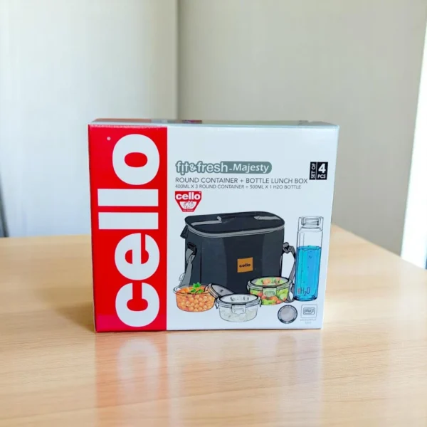 Cello Fit & Fresh Majesty 3 Glass Round Container Lunch Box 400ml With Glass Water Bottle 500ml - Image 6