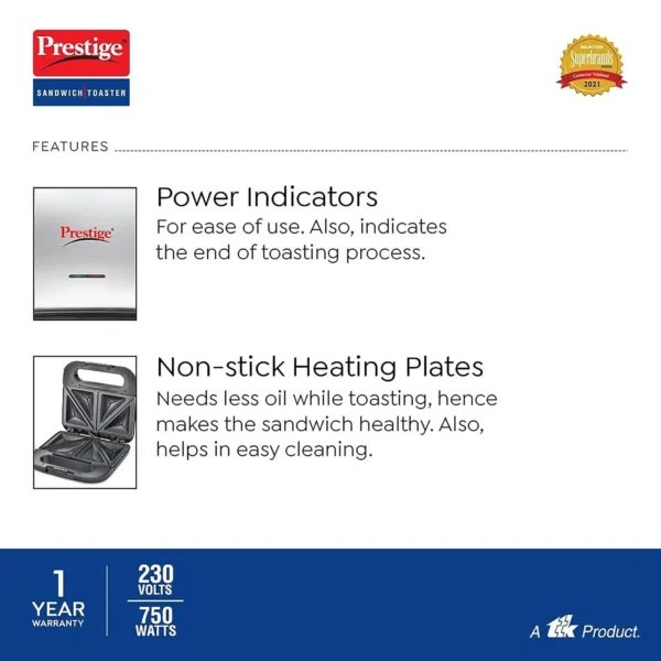 Prestige PSDP 03-SS 750 W Sandwich Toaster with Fixed & Deep Sandwich Plates (Black, Non-Stick Coated) - Image 3
