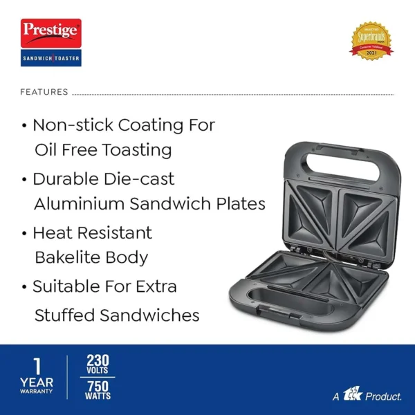 Prestige PSDP 03-SS 750 W Sandwich Toaster with Fixed & Deep Sandwich Plates (Black, Non-Stick Coated) - Image 4