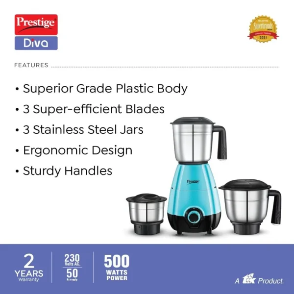 Prestige Diva 3 Stainless Steel Jar Electric Mixer Grinder 500W - Image 4