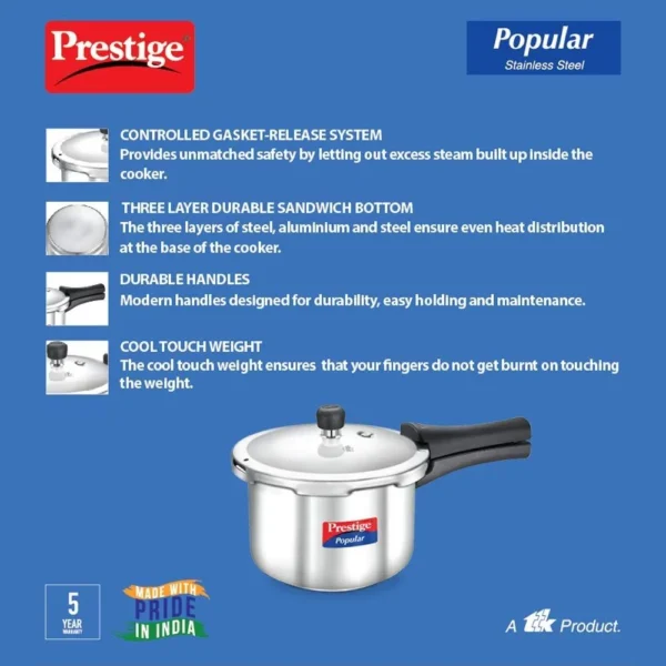 Prestige Popular Stainless Steel Outer Lid Pressure Cooker, 3 Litre | Induction Base | Silver - Image 3