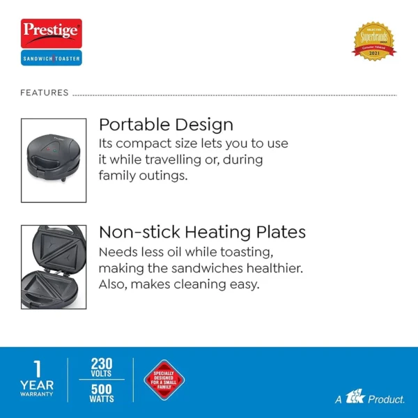 Prestige PSSP Single Sandwich Toaster with Fixed Sandwich Plate (500W, Black, Non-Stick) - Image 4