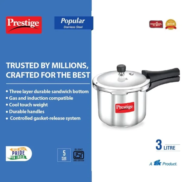 Prestige Popular Stainless Steel Outer Lid Pressure Cooker, 3 Litre | Induction Base | Silver - Image 4