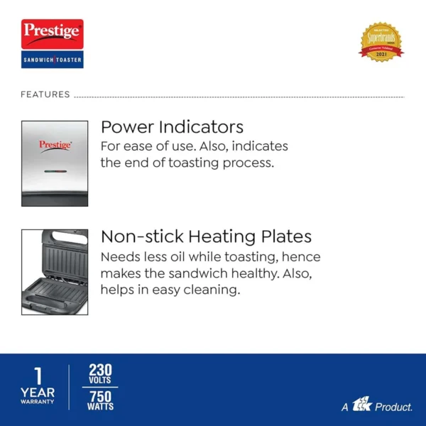 Prestige PGDP 03-SS 750 W Sandwich Toaster with Fixed & Deep Sandwich Grill Plates(Black, Non-Stick Coated) - Image 3