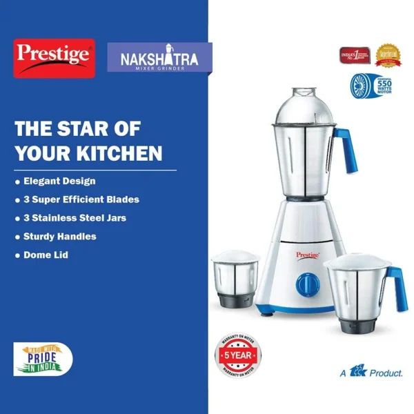 Prestige Nakshatra V2 550-Watt 3 Stainless Steel Jar Electric Mixer Grinder - Image 2