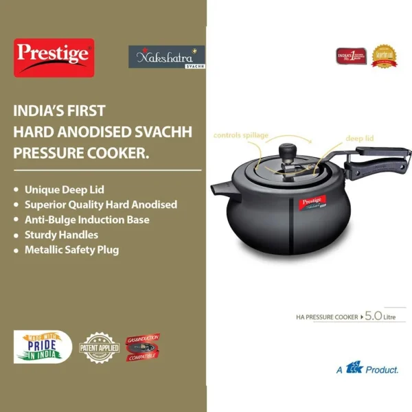 Prestige Svachh Nakshatra Plus Hard Anodised Inner Lid Pressure Handi Cooker - 5 Litre | Black - Image 2