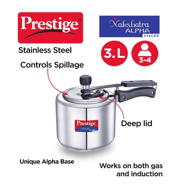 Prestige Svachh Nakshatra Alpha Stainless Steel Pressure Cooker - 3 Litre | Inner Lid | Silver - Image 2