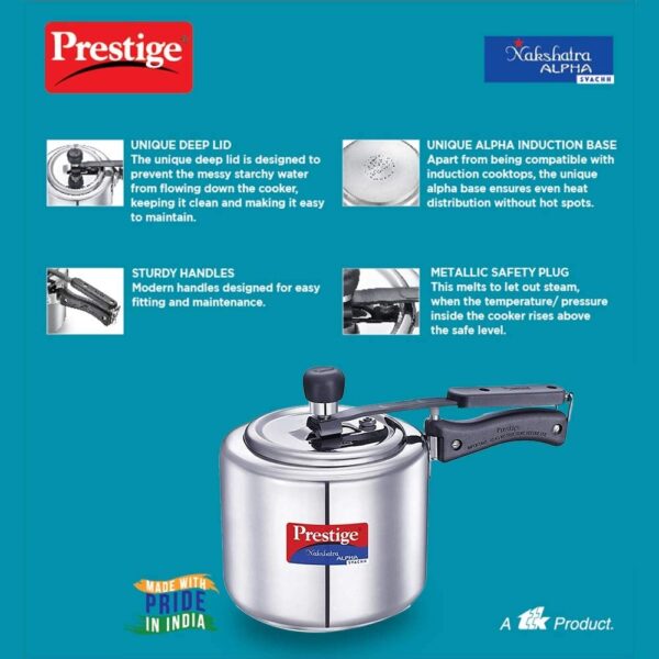 Prestige Svachh Nakshatra Alpha Stainless Steel Pressure Cooker - 3 Litre | Inner Lid | Silver - Image 4