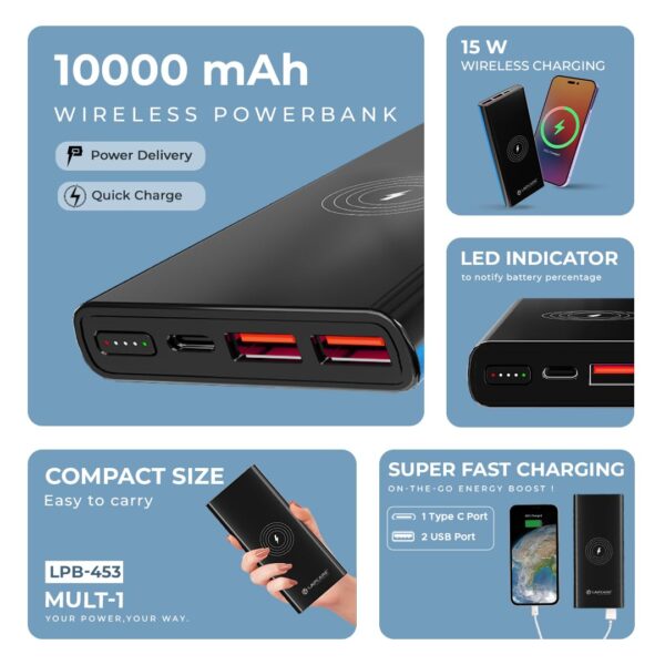 Lapcare Mult I 10000mAh Fast Charging Power Bank LPB-453 (Black+Blue)	| Dual USB + Type-C Port - Image 3