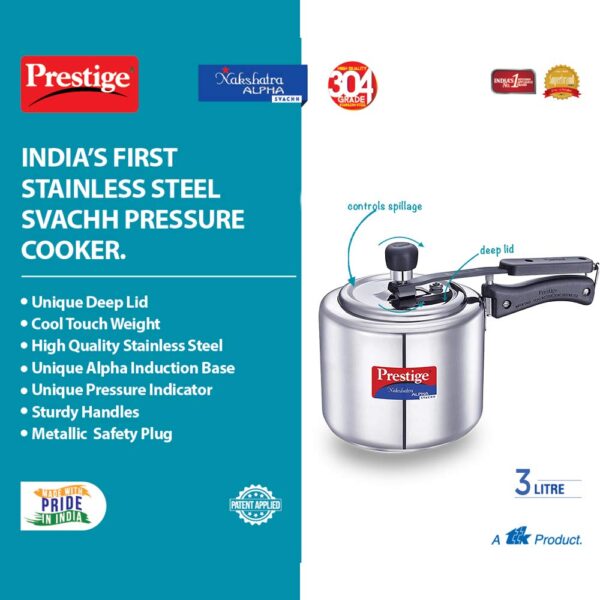 Prestige Svachh Nakshatra Alpha Stainless Steel Pressure Cooker - 3 Litre | Inner Lid | Silver - Image 3